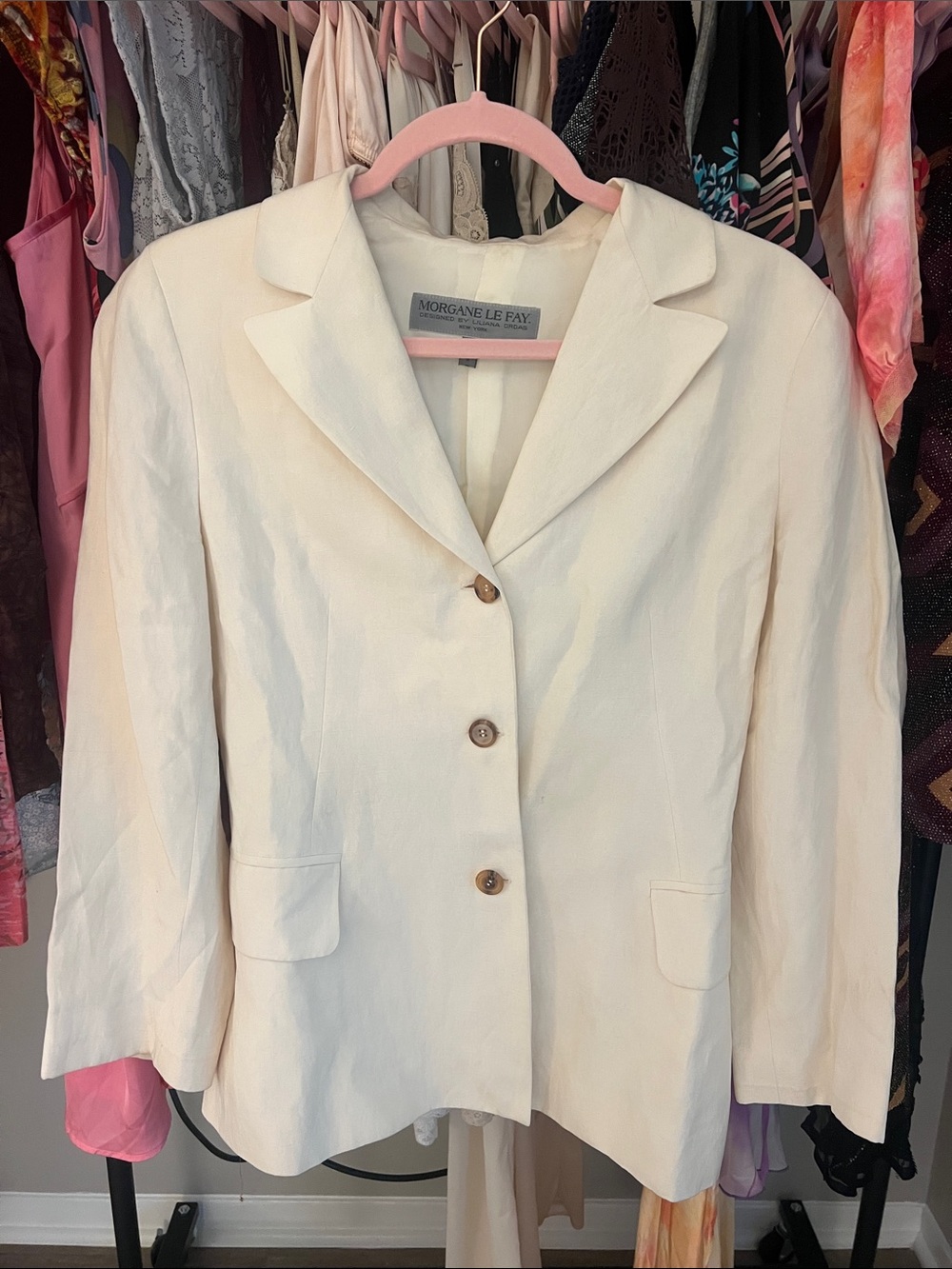 Morgane Le Fay Pale Cream Lined Suit Jacket Women’s Small Silk Linen